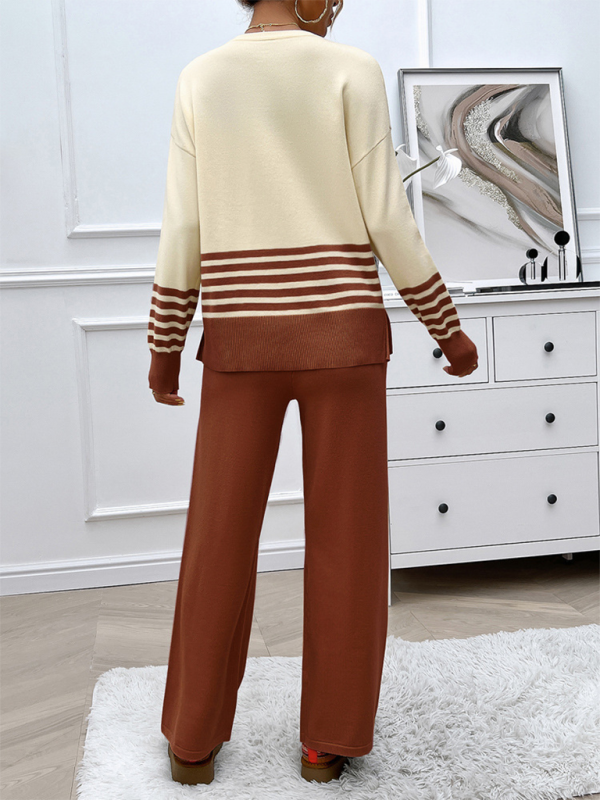 Casual Loose Clashing Color Straight Pants Sweater Set - TUT 