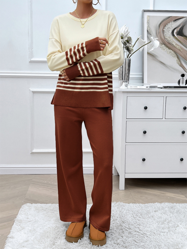 Casual Loose Clashing Color Straight Pants Sweater Set - TUT 