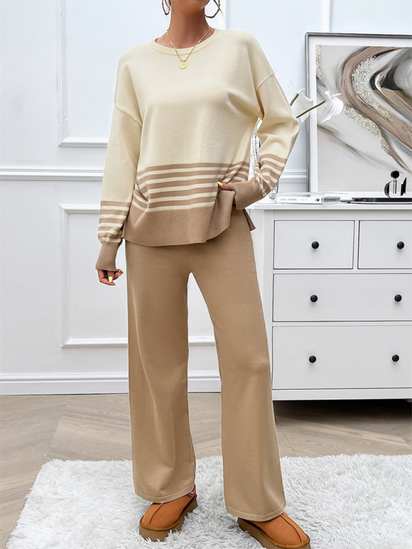 Casual Loose Clashing Color Straight Pants Sweater Set - TUT 