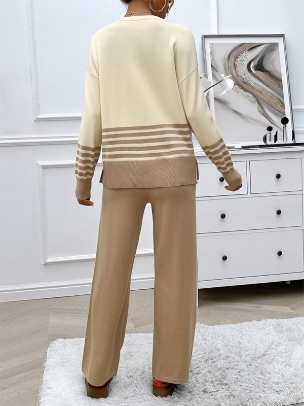 Casual Loose Clashing Color Straight Pants Sweater Set - TUT 