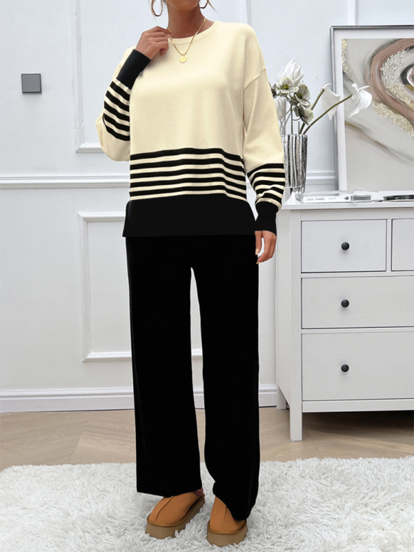 Casual Loose Clashing Color Straight Pants Sweater Set - TUT 