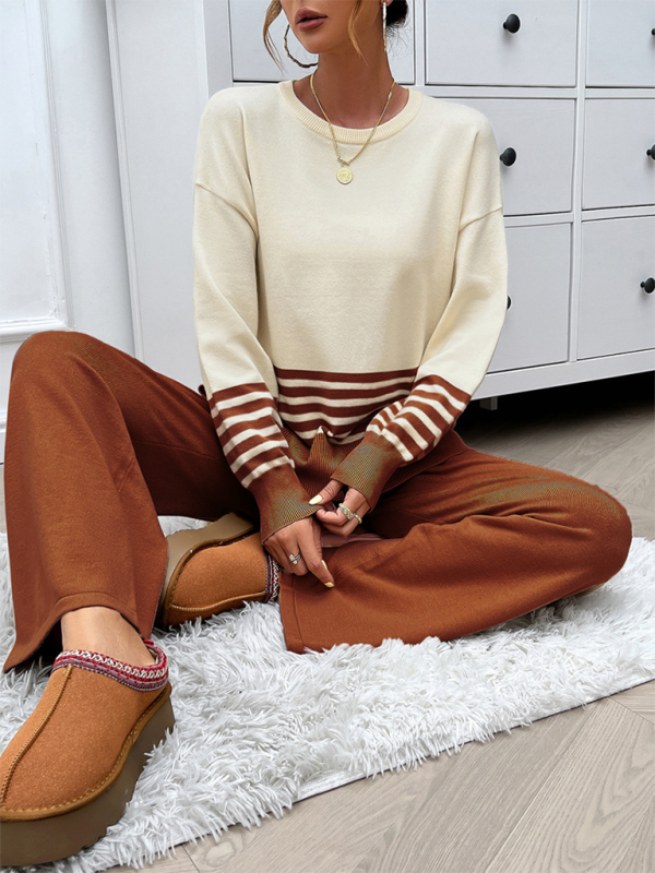 Casual Loose Clashing Color Straight Pants Sweater Set - TUT 