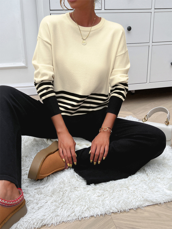 Casual Loose Clashing Color Straight Pants Sweater Set - TUT 