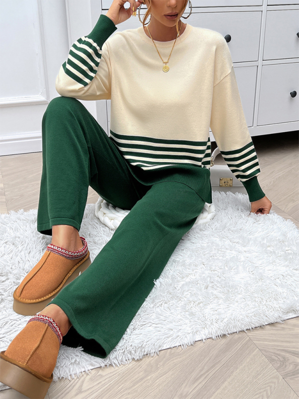 Casual Loose Clashing Color Straight Pants Sweater Set - TUT 