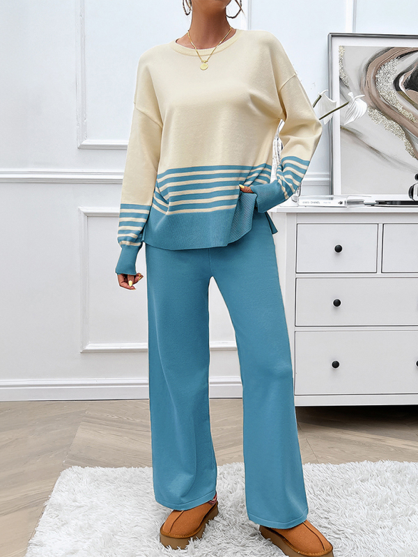 Casual Loose Clashing Color Straight Pants Sweater Set - TUT 