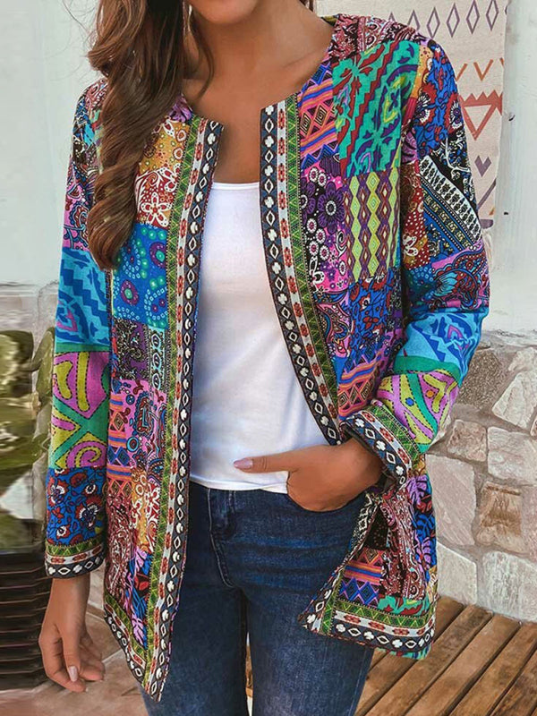 Casual retro cotton and linen printed loose long-sleeved cardigan jacket - TUT 