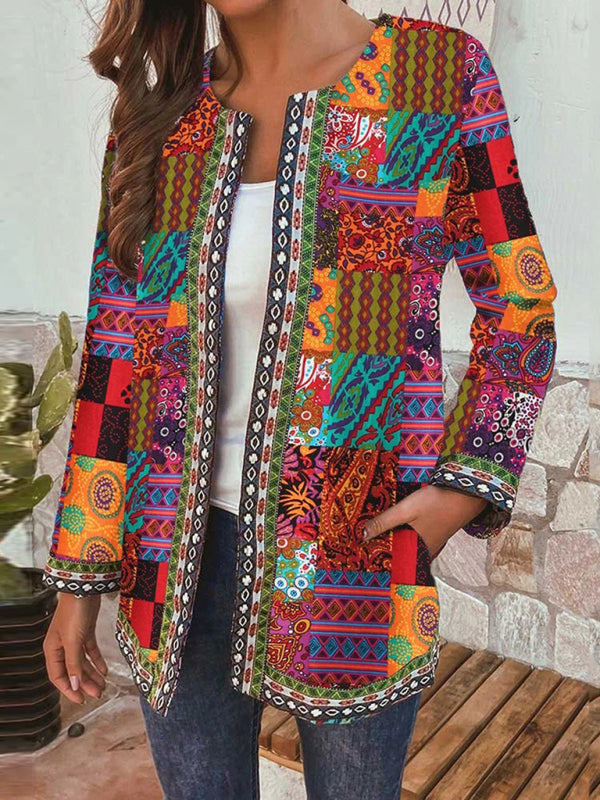 Casual retro cotton and linen printed loose long-sleeved cardigan jacket - TUT 