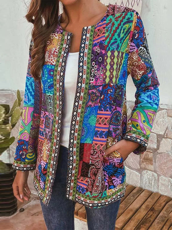 Casual retro cotton and linen printed loose long-sleeved cardigan jacket - TUT 