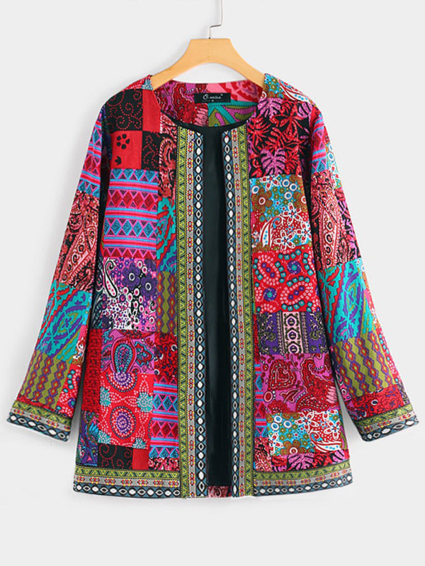 Casual retro cotton and linen printed loose long-sleeved cardigan jacket - TUT 