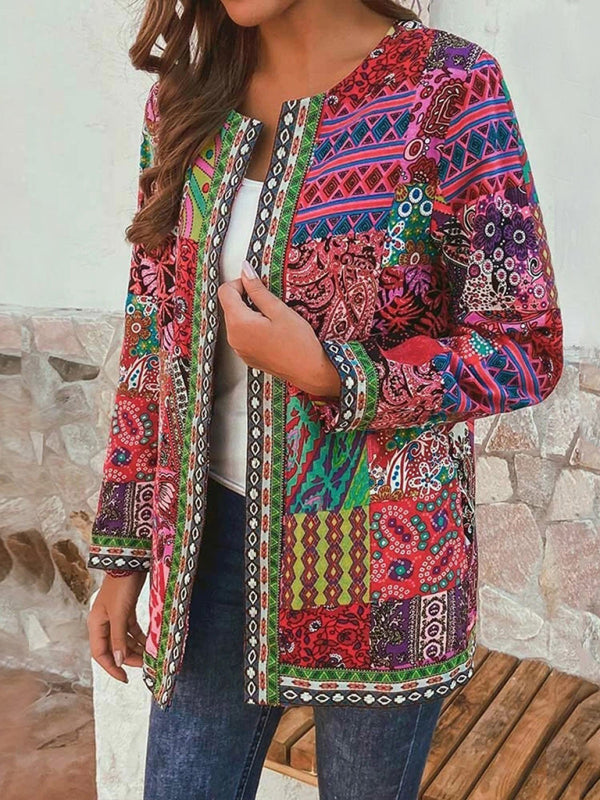 Casual retro cotton and linen printed loose long-sleeved cardigan jacket - TUT 