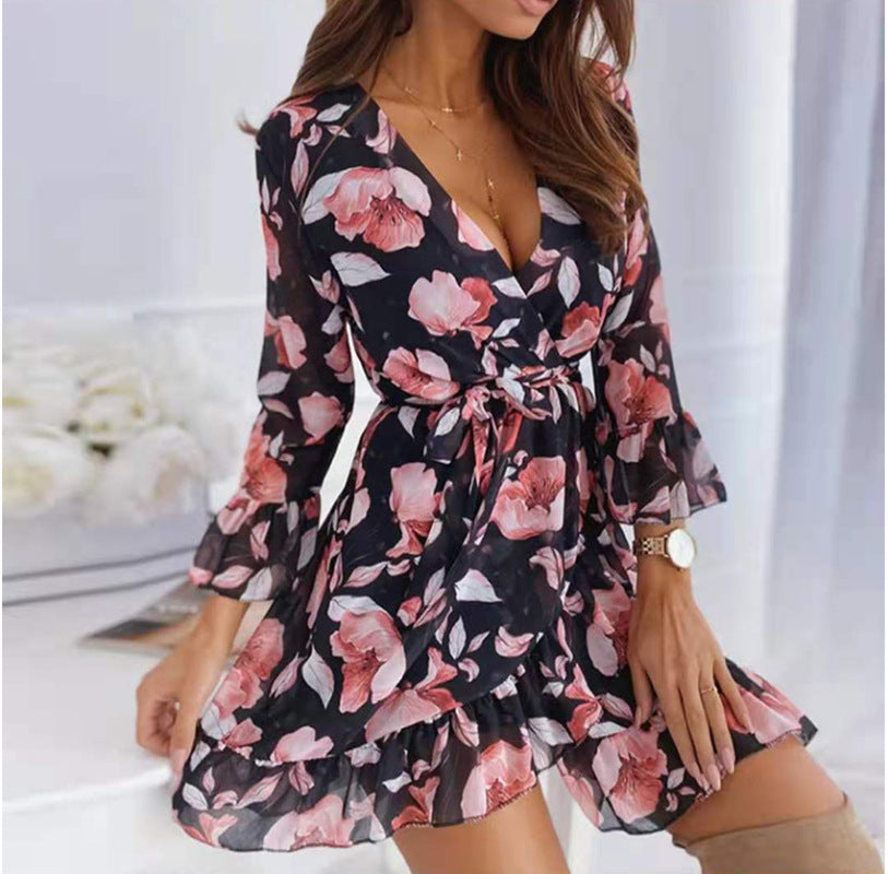 European and American sexy V-neck printed tie casual foreign trade nine-quarter-sleeve ruffled dress - TUT 