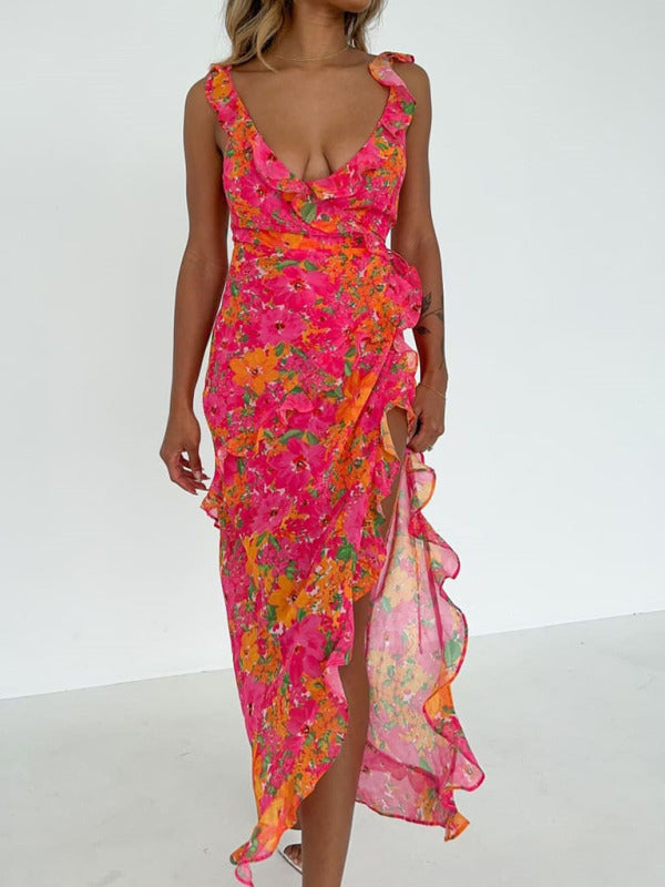 Floral Ruffle V-Neck Maxi Dress - TUT 