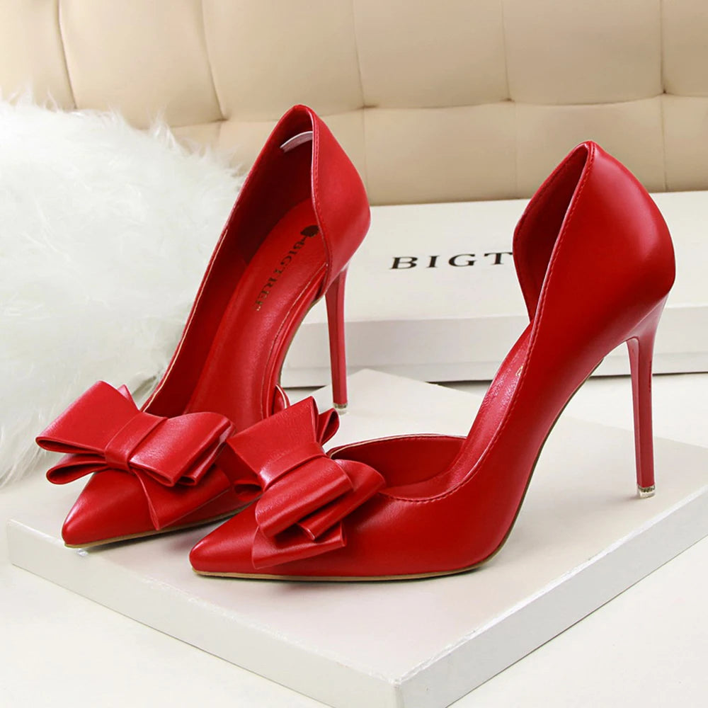 Korean Fashion Women's Shoes Wedding Bow High Heels Stiletto Heels Shallow Pointed Head Side Empty Thin Shoes