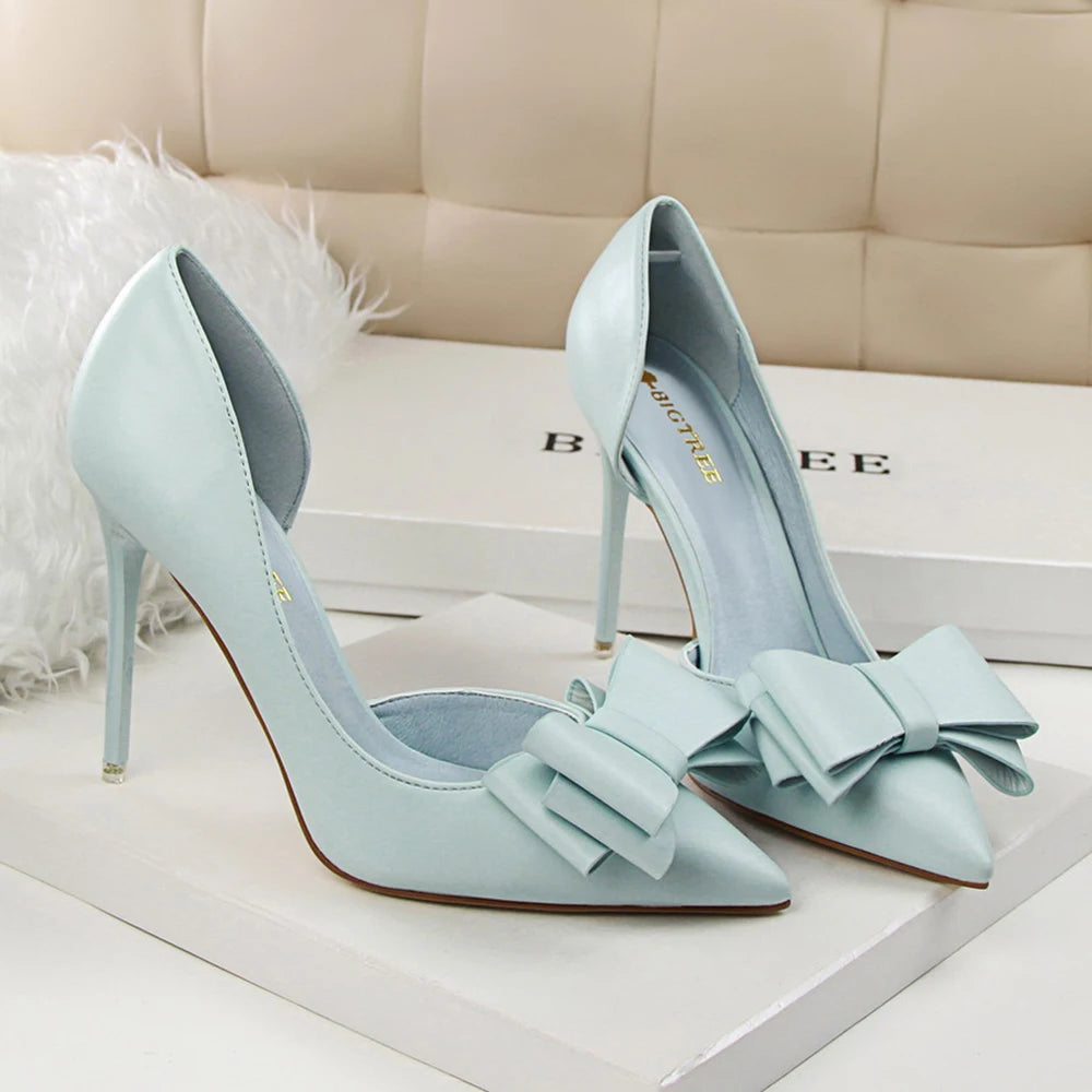 Korean Fashion Women's Shoes Wedding Bow High Heels Stiletto Heels Shallow Pointed Head Side Empty Thin Shoes