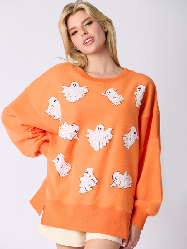 Halloween Ghost Sequin Top Loose Casual Sweatshirt - TUT 