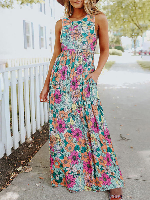 Ladies Floral Print Round Neck Sleeveless Maxi Dress - TUT 