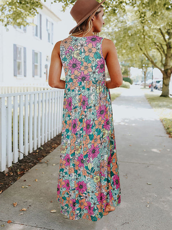 Ladies Floral Print Round Neck Sleeveless Maxi Dress - TUT 