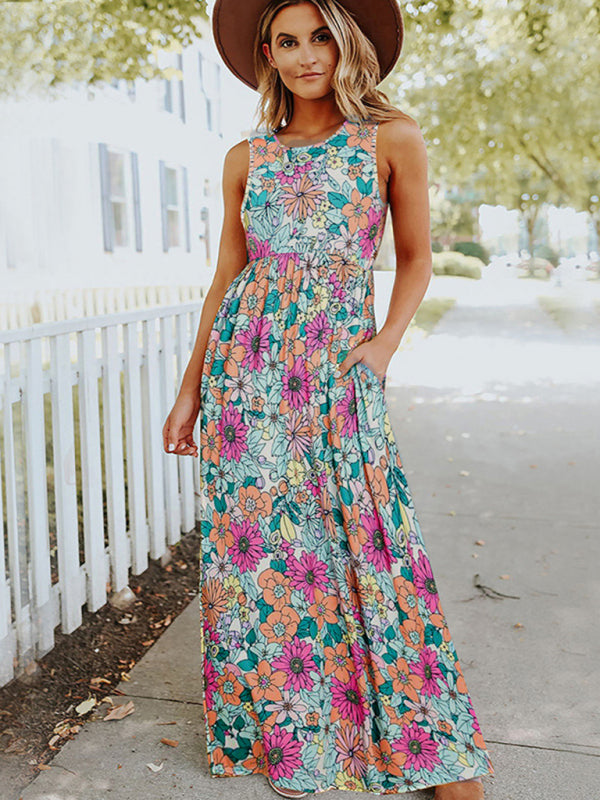 Ladies Floral Print Round Neck Sleeveless Maxi Dress - TUT 