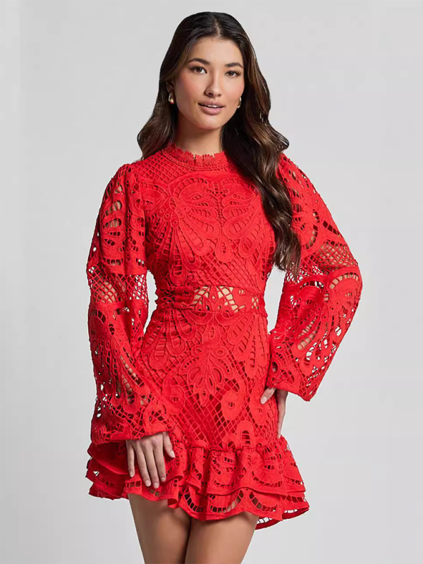 Lapel Lantern Long Sleeve Waist Gown Short A-line Ruffle Hollow Lace Dresses - TUT 