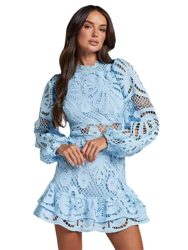 Lapel Lantern Long Sleeve Waist Gown Short A-line Ruffle Hollow Lace Dresses - TUT 