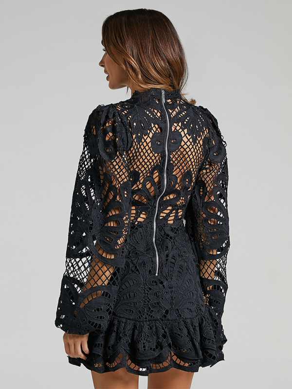 Lapel Lantern Long Sleeve Waist Gown Short A-line Ruffle Hollow Lace Dresses - TUT 