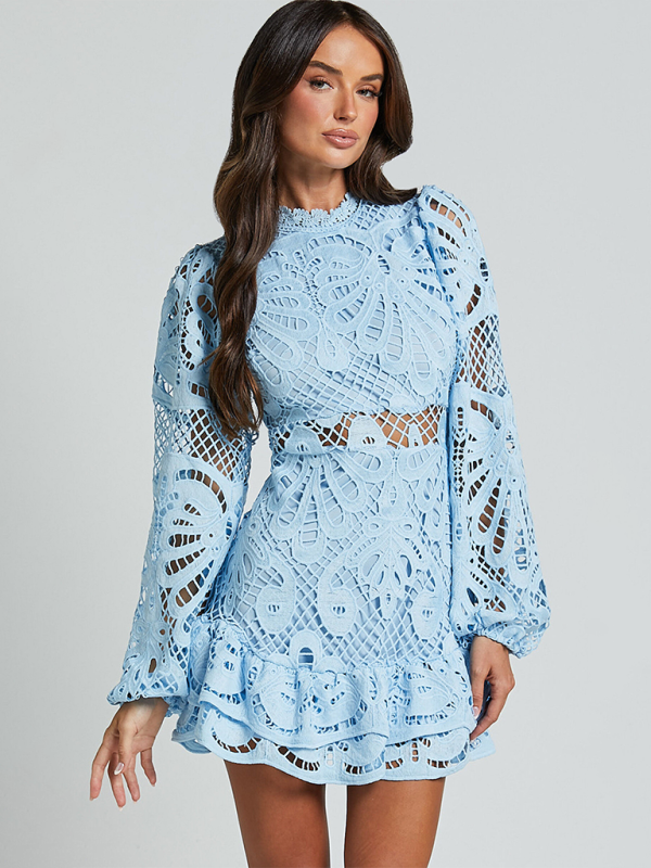 Lapel Lantern Long Sleeve Waist Gown Short A-line Ruffle Hollow Lace Dresses - TUT 