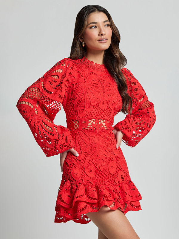 Lapel Lantern Long Sleeve Waist Gown Short A-line Ruffle Hollow Lace Dresses - TUT 