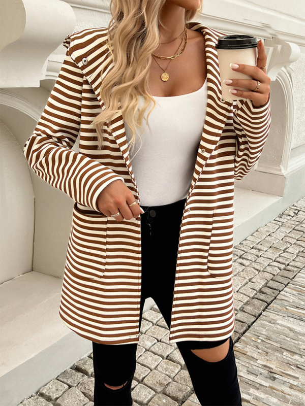 New Striped Cardigan Hooded Knit Long Sleeve Coat - TUT 