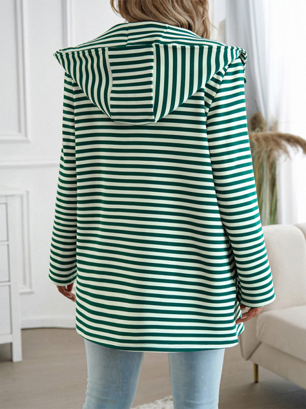 New Striped Cardigan Hooded Knit Long Sleeve Coat - TUT 