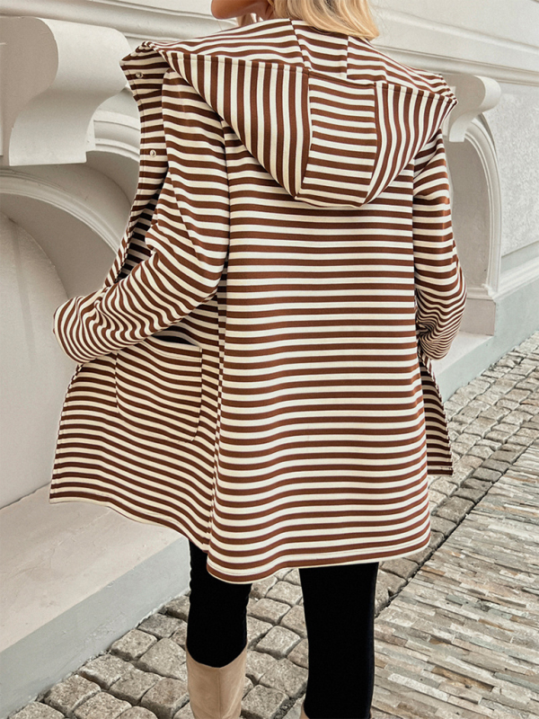 New Striped Cardigan Hooded Knit Long Sleeve Coat - TUT 