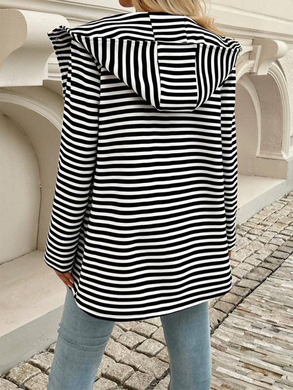 New Striped Cardigan Hooded Knit Long Sleeve Coat - TUT 