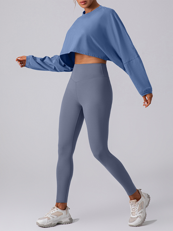 Round neck sweatshirt T-shirt sports short base shirt yoga running loose long sleeve top - TUT 