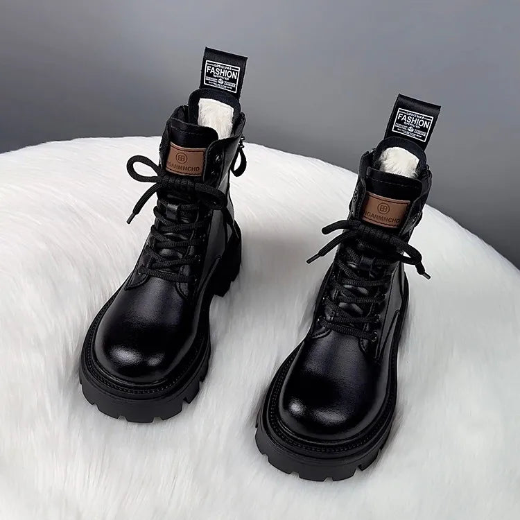 Snow Boots For Women  Female Shoes Winter Footwear Boots-Women Plush Round Toe Flat Heel Leather Lolita Ladies Med 2024 Fur - TUT 