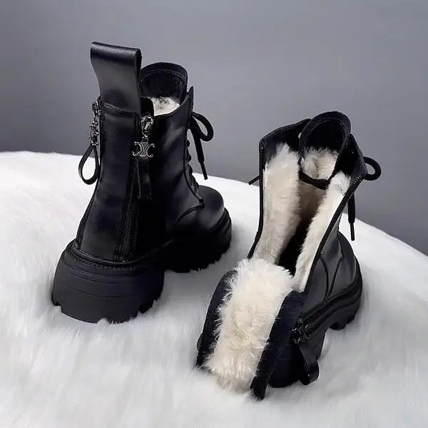 Snow Boots For Women  Female Shoes Winter Footwear Boots-Women Plush Round Toe Flat Heel Leather Lolita Ladies Med 2024 Fur - TUT 