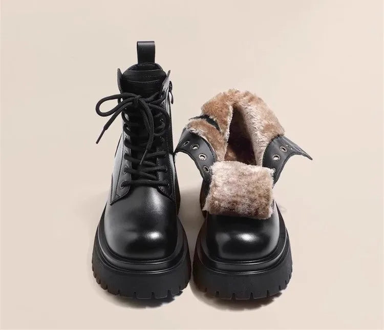 Snow Boots For Women  Female Shoes Winter Footwear Boots-Women Plush Round Toe Flat Heel Leather Lolita Ladies Med 2024 Fur - TUT 