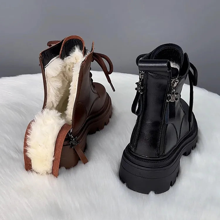 Snow Boots For Women  Female Shoes Winter Footwear Boots-Women Plush Round Toe Flat Heel Leather Lolita Ladies Med 2024 Fur - TUT 