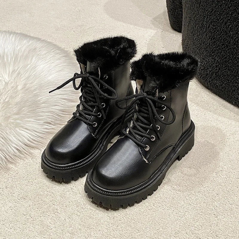 Snow Boots For Women  Female Shoes Winter Footwear Boots-Women Plush Round Toe Flat Heel Leather Lolita Ladies Med 2024 Fur - TUT 