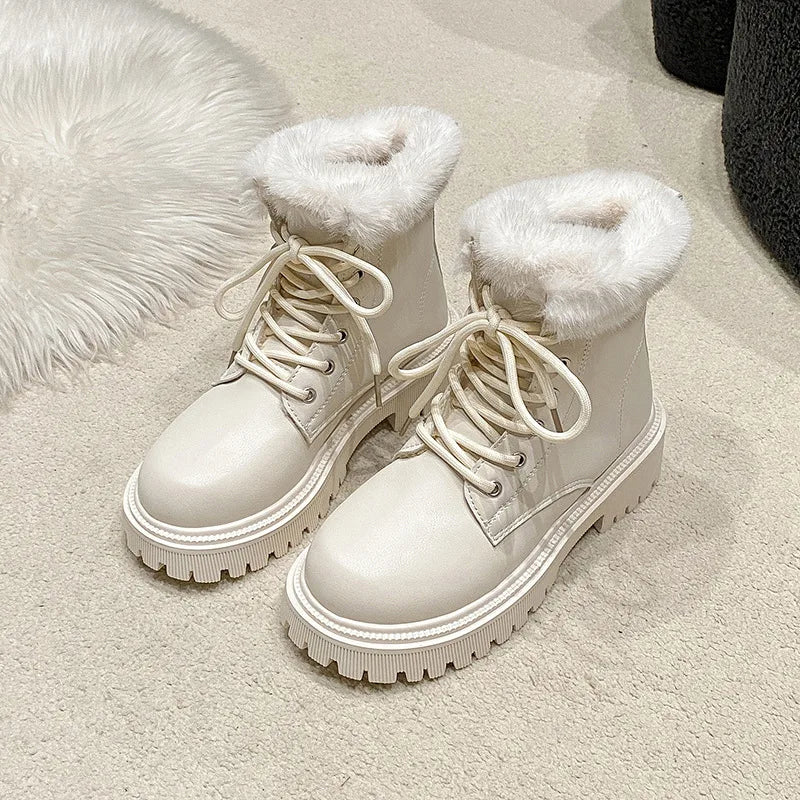 Snow Boots For Women  Female Shoes Winter Footwear Boots-Women Plush Round Toe Flat Heel Leather Lolita Ladies Med 2024 Fur - TUT 