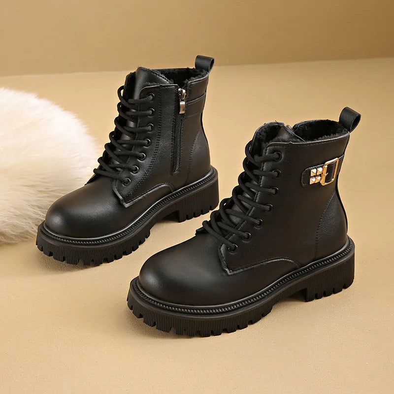 Snow Boots For Women  Female Shoes Winter Footwear Boots-Women Plush Round Toe Flat Heel Leather Lolita Ladies Med 2024 Fur - TUT 