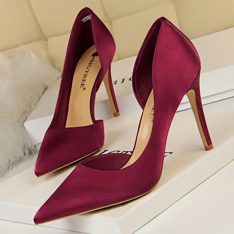 Women Fetish 9.5cm High Heels Royal Blue Wine Red Pumps Satin Stiletto Lady Escarpins Silk Wedding Party Prom Hollow Event Shoes - TUT 