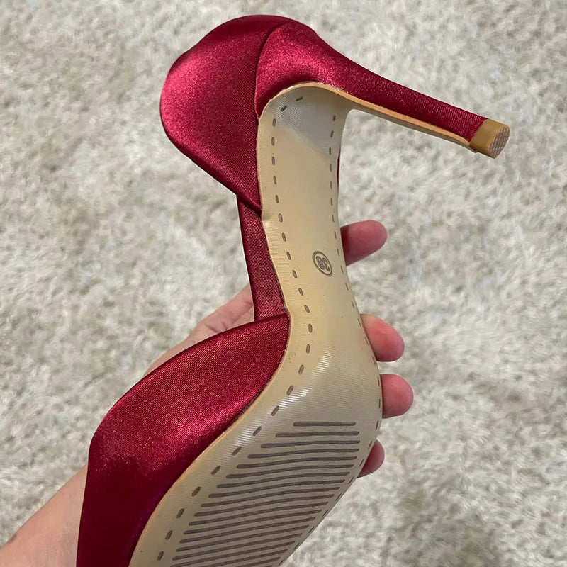 Women Fetish 9.5cm High Heels Royal Blue Wine Red Pumps Satin Stiletto Lady Escarpins Silk Wedding Party Prom Hollow Event Shoes - TUT 