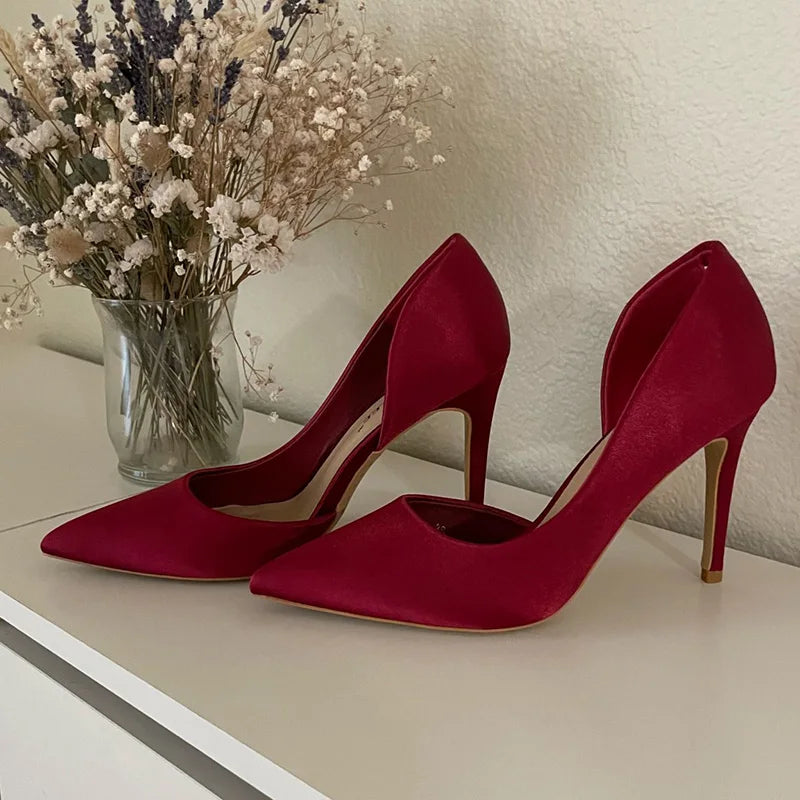 Women Fetish 9.5cm High Heels Royal Blue Wine Red Pumps Satin Stiletto Lady Escarpins Silk Wedding Party Prom Hollow Event Shoes - TUT 