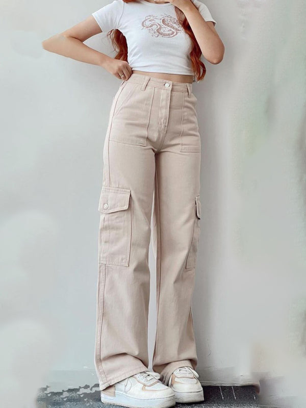 Versatile casual pants, mid-rise three-dimensional pocket trousers, waist-cinching overalls