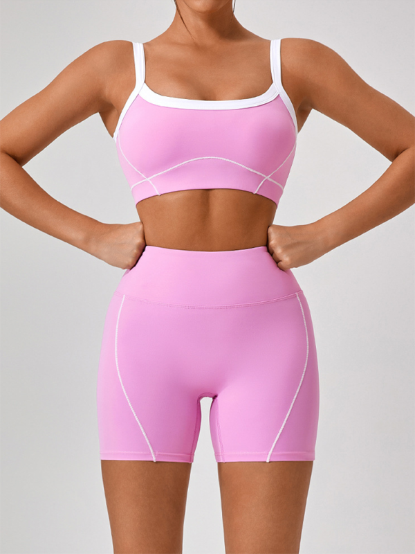 Skinny outdoor sports spaghetti strap contrast color suspender bra + shorts Yoga suit