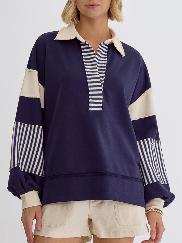 Women's Sweatshirt OversizedPolo Neck Striped Colorblocking Top